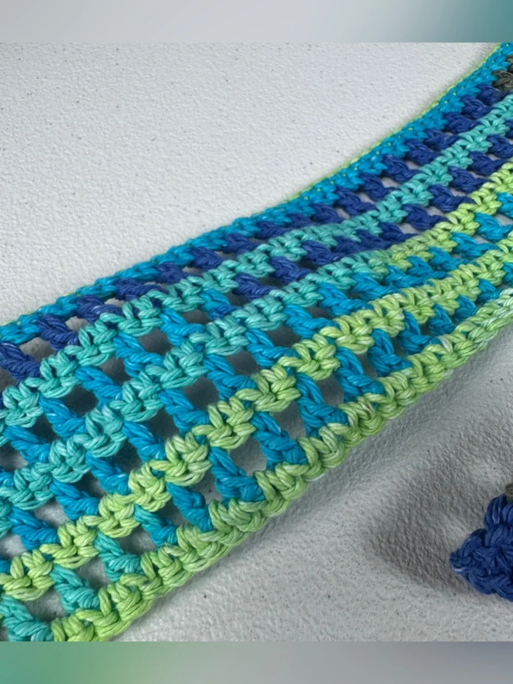 Handmade Crochet Tie Headband in Teal, Blue, Green & Gray